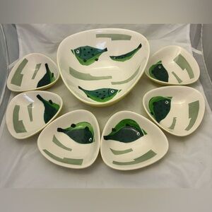 Vtg mcm Seyei triangular fish serving bowl and 6 salad bowls sushi